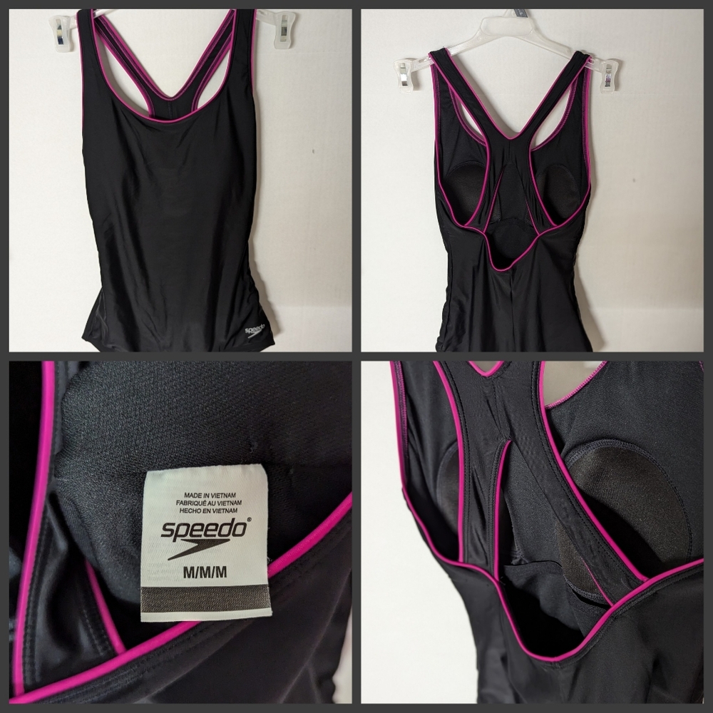 Speedo racer back swim suit black with pink piping sz M